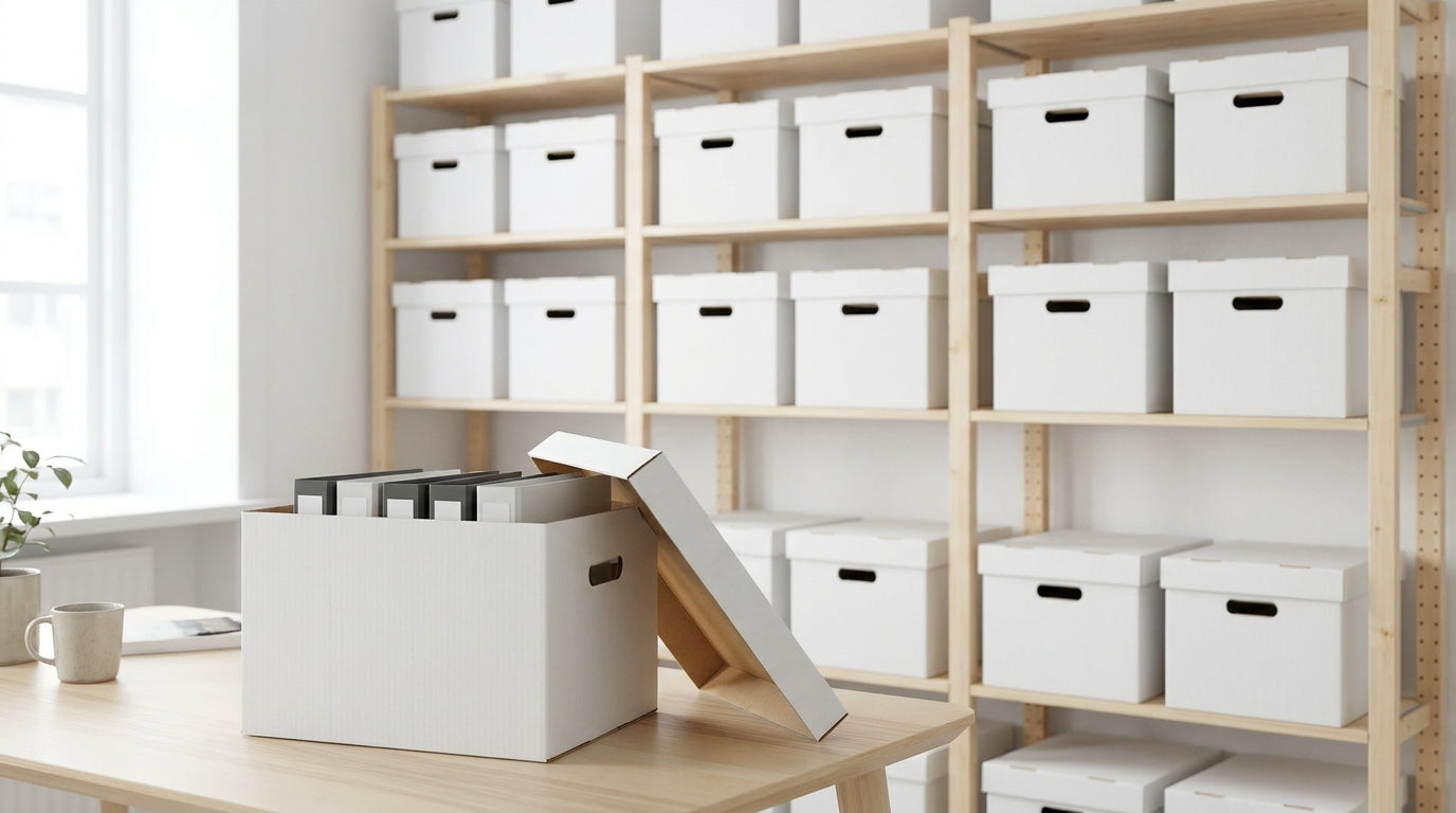 Karton Aufbewahrungsbox mit Deckel: stapelbar, beschriftbar, sauber archiviert